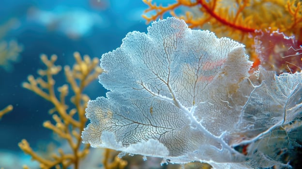 Closeup of a sea fan its delicate branches turning white and brittle as it succumbs to the stress induced by climate change. Surrounding marine life such as colorful sea star photo
