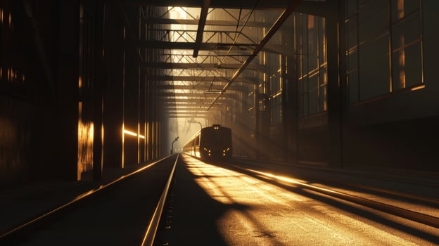 A low angle shot of a train ping through an industrial area its headlights casting mesmerizing shadows and light patterns on the surrounding buildings photo