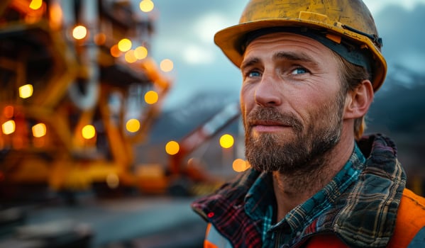 A man wearing a yellow helmet and a hard hat is standing in front of a large construction site photo
