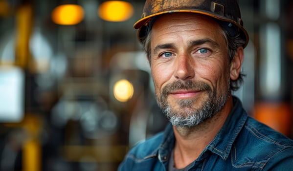 A man with a hard hat and a blue shirt is smiling. He looks happy and confident. Concept of professionalism and pride in his work photo