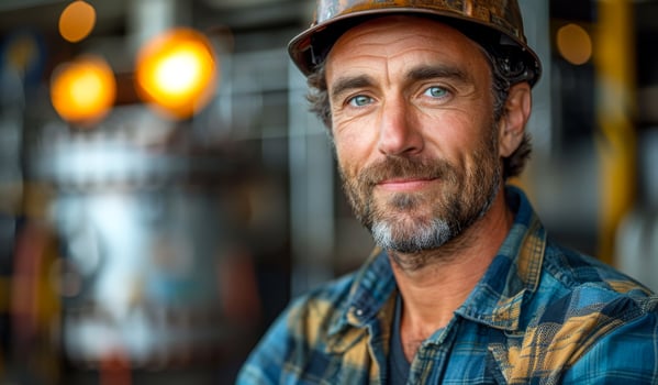 A man with a hard hat and a blue plaid shirt is smiling. He looks happy and content photo