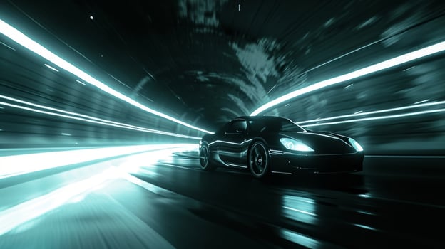 A side view of a car moving through a tunnel its headlights leaving a trail of light that stretches out behind it. The stark contrast between the bright beams and the dar photo
