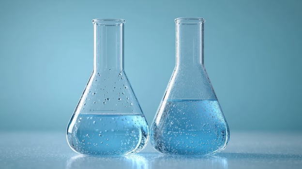 Two glass flasks with a vivid blue liquid bubble happily in a calm setting photo