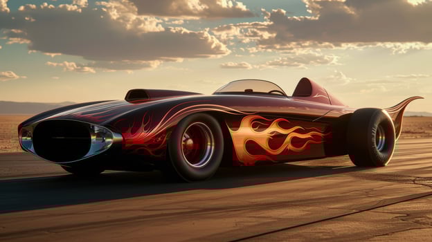 The camera pans over the clic flamepainted design of a nitrofueled dragster emphasizing the sports iconic look photo