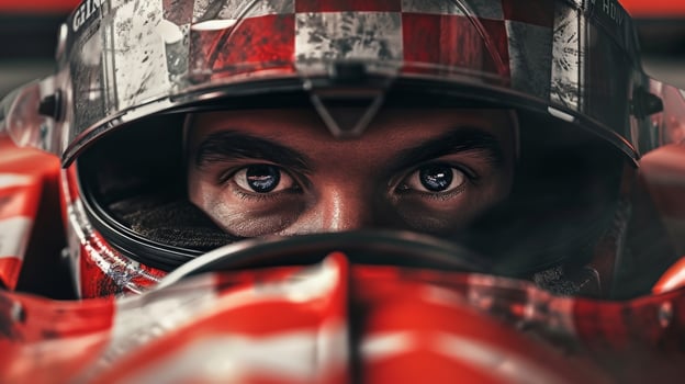The intense eyes of a racer as they approach the checkered flag a symbol of the final race of a legendary era in the sport photo