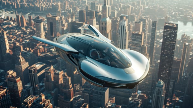 A birds eye view of the car reveals its hovercraft capabilities effortlessly gliding above the bustling city below photo