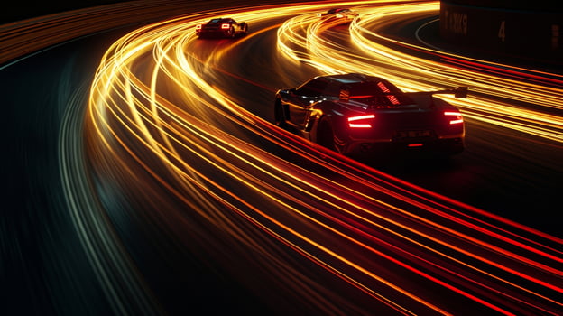 Every sharp turn and acceleration is captured in stunning detail as the light trails of the cars trace their path along the racetrack photo