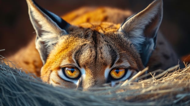 Closeup of a Caracals vibrant amber eyes peeking out from behind a bundle of flattened fur. They appear almost mesmerized by soing in the distance their ears alert and angle photo