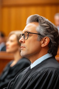 A male judge, 50-60 years old, of Caucasian ethnicity, attentively listens in a courtroom during a legal proceeding photo