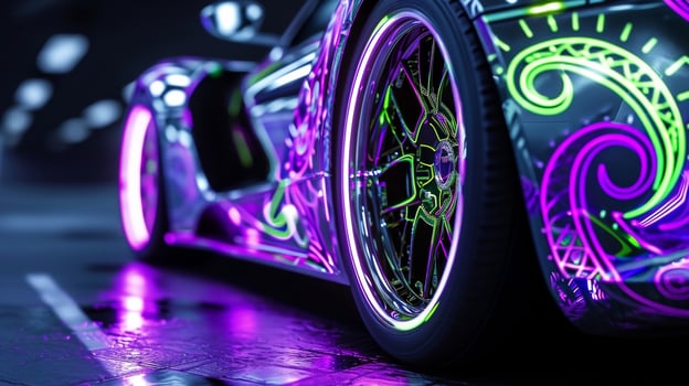 A macro view of the cars wheels displaying a mesmerizing neon pattern of neon purple and green paisley designs on a silver background photo