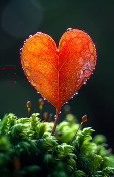 A leaf with a heart shape is on a green mossy surface. The leaf is red and has water droplets on it. Concept of beauty and tranquility, as the leaf's heart shape photo