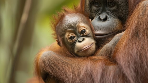 Closeup of a baby orangutan clinging to its mothers chest and nuzzling into her neck photo