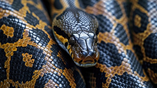 Closeup of the intricate patterns on an anacondas skin perfectly designed to camouflage and blend in with the surrounding wetland environment photo