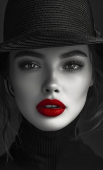 A woman with red lips and a black hat photo