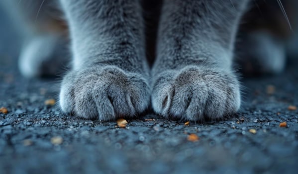 A cat's paw is shown in a close up. The paw is gray and has a few black spots. The cat is standing on a gray surface, which could be a sidewalk or a road photo
