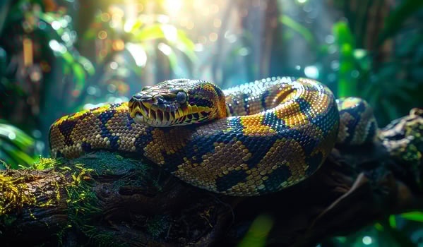 A large snake is curled up on a branch in a lush green forest. The snake is brown and black with yellow markings. The scene is peaceful and serene, with the snake blending in with its surroundings photo