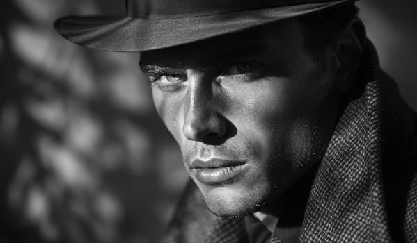 A man wearing a hat and a coat is looking at the camera. The image has a vintage feel to it, and the man's expression seems to be serious or contemplative photo