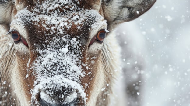 Closeup of a caribous face its eyes determined and its fur matted with wet snow from the blizzard photo