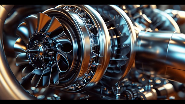 A closeup of a turbocharger reveals intricate spinning blades and piping that work together to produce immense horsepower photo