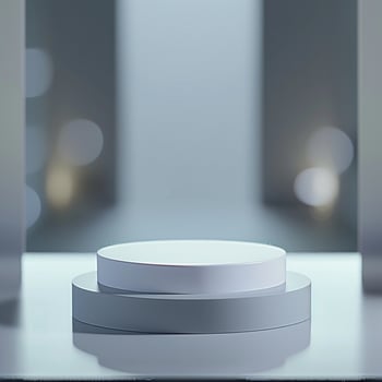 A white pedestal on a table in front of a window photo