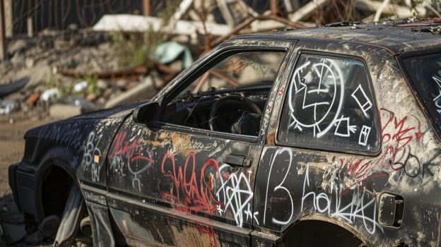 A graffitied car door with cryptic symbols and messages believed to be a summoning site for supernatural forces by local urban legend believers photo