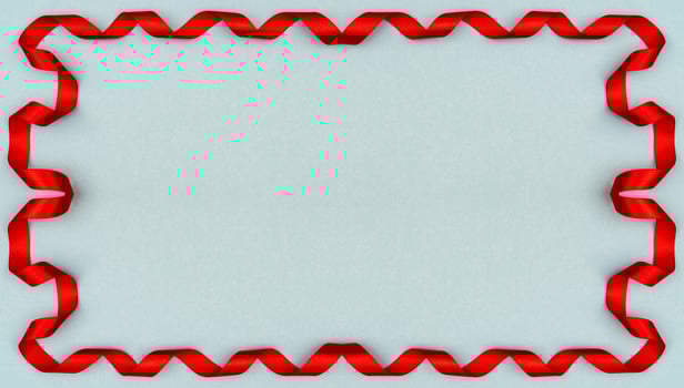 Red wavy ribbon on blue background. Holiday decoration. Valentine's Day decoration congratulation frame. photo