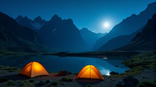 Serene Night-time Camping Scene in the Mountains. Clear Starry Sky With a Bright Full Moon Illuminating Landscape. photo