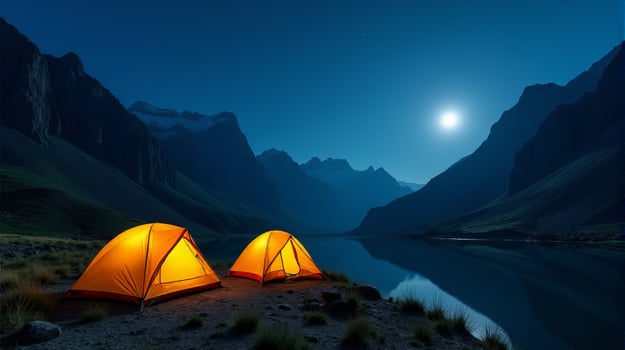 Serene Night-time Camping Scene in the Mountains. Clear Starry Sky With a Bright Full Moon Illuminating Landscape. photo