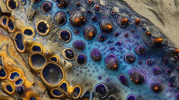 Closeup of an intricate pattern of blue and purple spots on the shell of a lobster as it creeps closer to the sandy shoreline photo