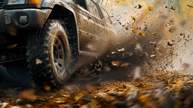 Closeup of the cars wheels kicking up dirt and leaves as it navigates through the rugged terrain photo