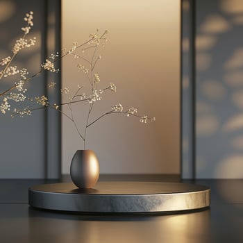 A vase with flowers on a table in front of a door photo