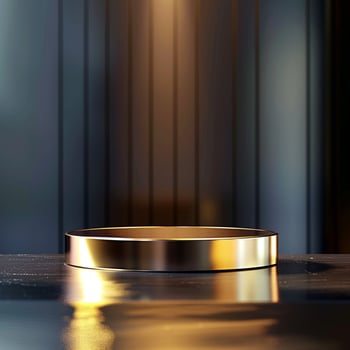 A gold ring on a table in front of a dark background photo