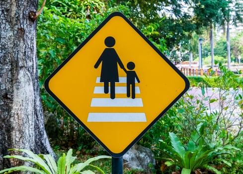 Pedestrian Crossing Sign with Mother and Child Symbol in a Lush Green Park Setting photo
