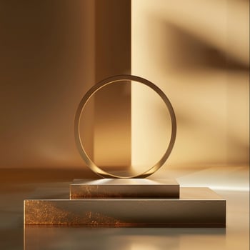A golden ring sits on a pedestal in front of a wall photo