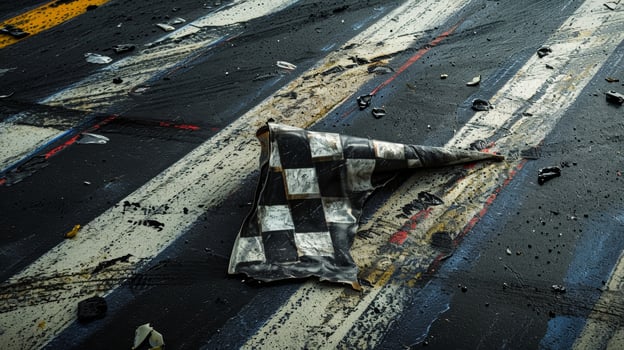 A closeup of the checkered flag lying on the track surrounded by tire marks and the remnants of an intense race a visual representation of the physical and mental enduranc photo