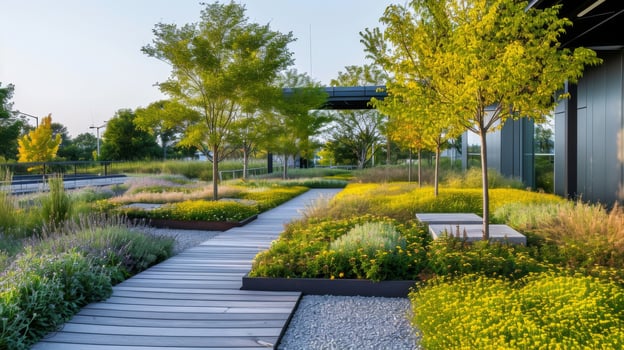 The serene green roof of this office offers a peaceful place for employees to relax and recharge surrounded by natures beauty photo