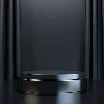 Black podium with black curtain on a dark background photo