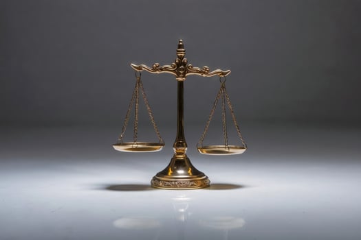Golden balance scale on a reflective surface under studio lighting. photo