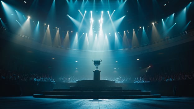 Champion greeting with winner cup. Victory platform. Luxury nomination party. Celebration and prize. Celebrate championship. Award ceremony and festival stage photo