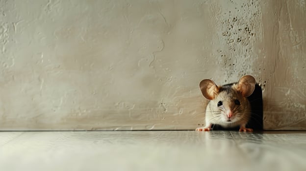 Rat in home. Mouse in hole. Little rodent on floor at wall. Small grey animal, danger situation. photo