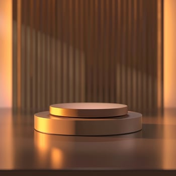 An empty podium on a table in front of a wall photo