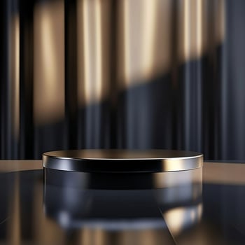 An empty podium on a table in front of a curtain photo