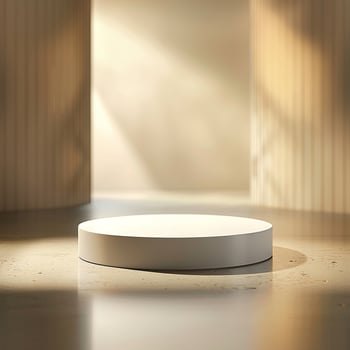 Round white pedestal in empty room with sunlight photo