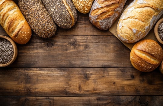 Rustic bakery scene with artisanal breads and seeds arranged on a wooden table surface photo