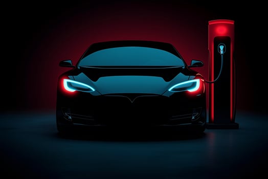 An electric vehicle charges, showcasing modern, eco-friendly technology. photo