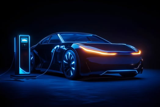 An electric vehicle charges, showcasing modern, eco-friendly technology. photo