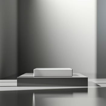 A white square box sitting on a table in front of a wall photo