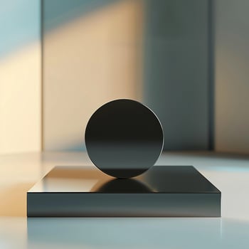 A black ball on top of a table in front of a window photo