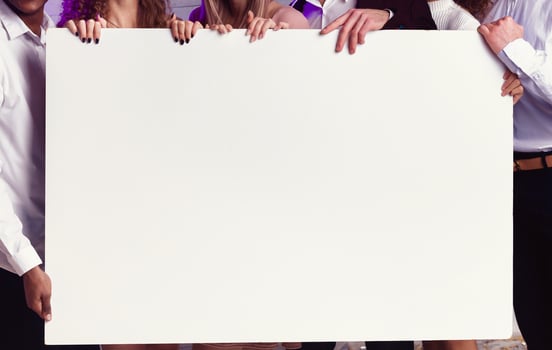 Unrecognizable Millennial Men And Women Holding Empty Invitation Poster Indoor. Corporate Party Event. Cropped, Mockup photo