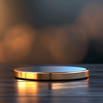 A golden metal plate on a wooden table photo